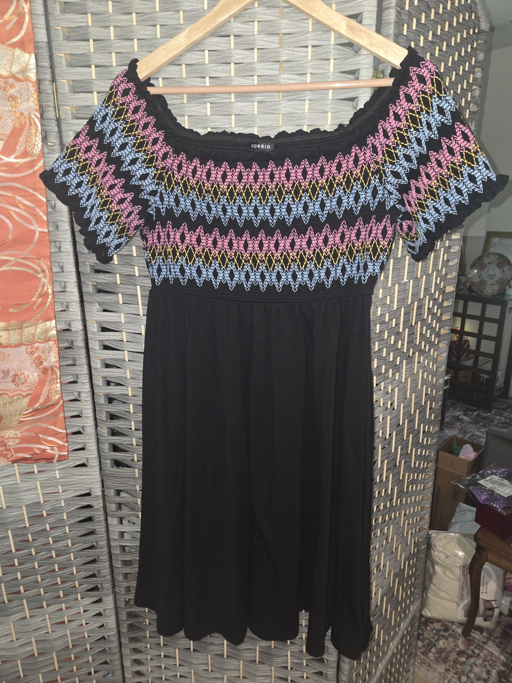 Torrid Size 1 Black Jersey Knit Colorful Smocked Skater Dress